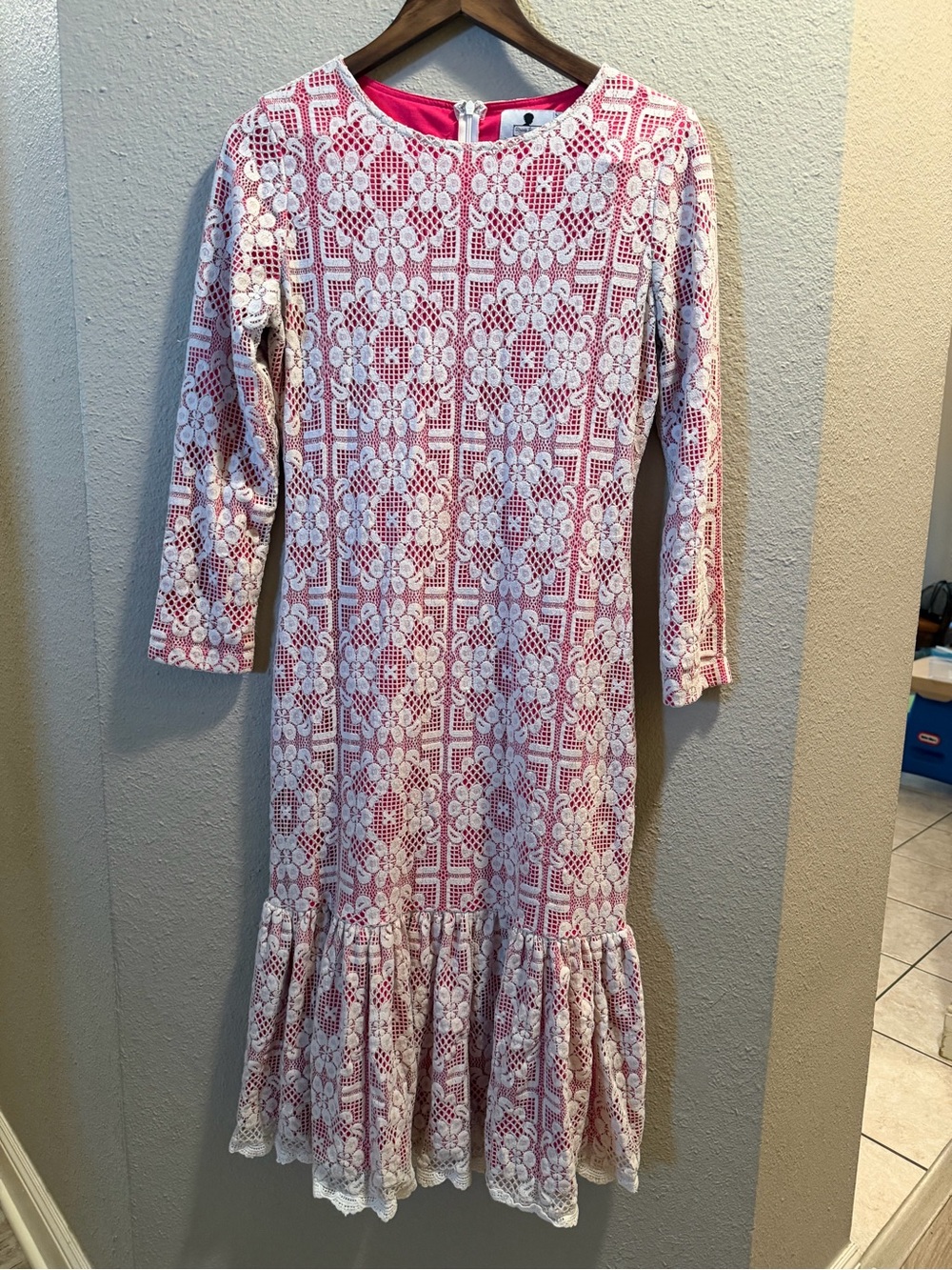 Dainty Jewells Pink Dress with White Lace Overlay and Ruffle Hem